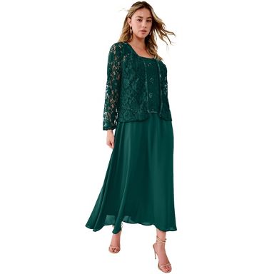 plus size emerald green lace dress Roaman's Plus-Size 2 Piece Long Sleeve Embellished Jacket And Full Gown top French clothing designers