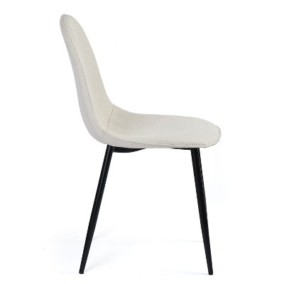 Side view of a beige upholstered dining chair with black legs