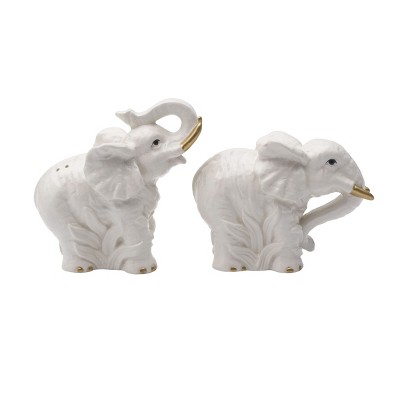 White Ceramic Elephant Salt and Pepper Shaker Set with Gold Accents