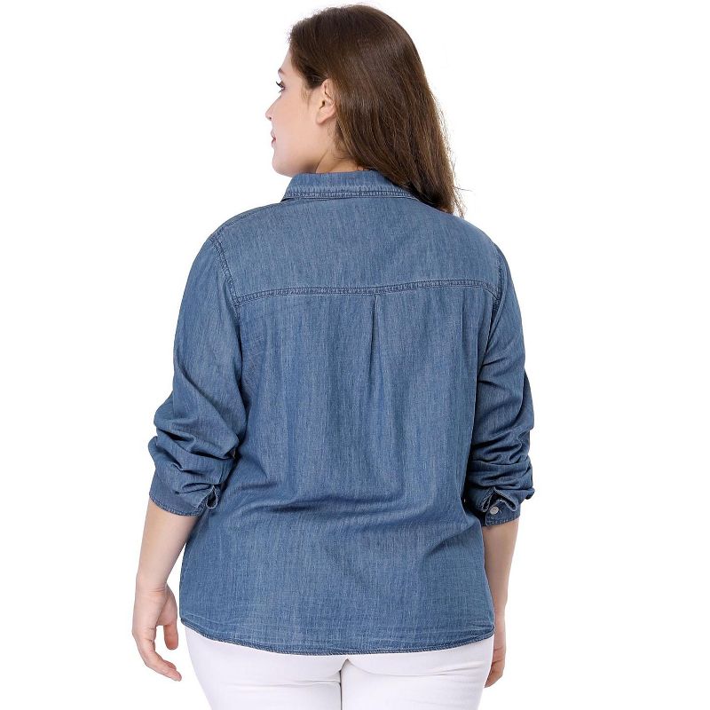 Agnes Orinda Women's Plus Size Work Stripe Button Down Long Sleeve Chambray Shirt, 6 of 8
