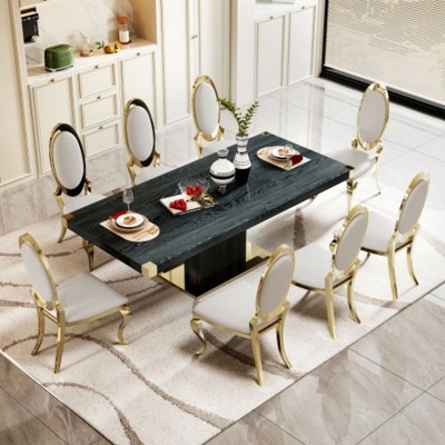 Dining Table, 78.74 Inch Kitchen Table With Gold Finish Corner, Rectangular Dining Table With Stainless Steel Base, Dining Room Table For Home