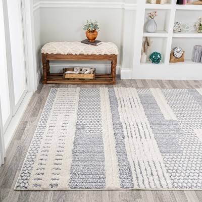 Gray and Cream Abstract Geometric 4' x 6' Shag Area Rug