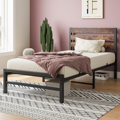 ALEXOUN Metal Bed Frame with Rustic Vintage Wood Headboard, Strong Metal Slats Support Mattress Foundation, No Box Spring Needed Rustic