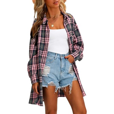 EXLURA Womens Plaid Flannel Shacket Long Sleeve Button Down Shirts Long Jackets Oversized Fall Fashion Outfits