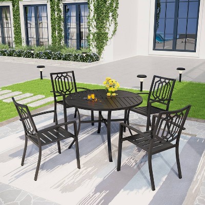 5pc Outdoor Dining Set with Stackable Chairs & Metal Round Table with Umbrella Hole - Black - Captiva Designs: Weather-Resistant Patio Set