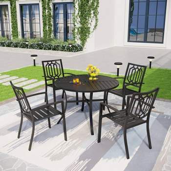 5pc Outdoor Dining Set with Stackable Chairs & Metal Round Table with Umbrella Hole - Black - Captiva Designs