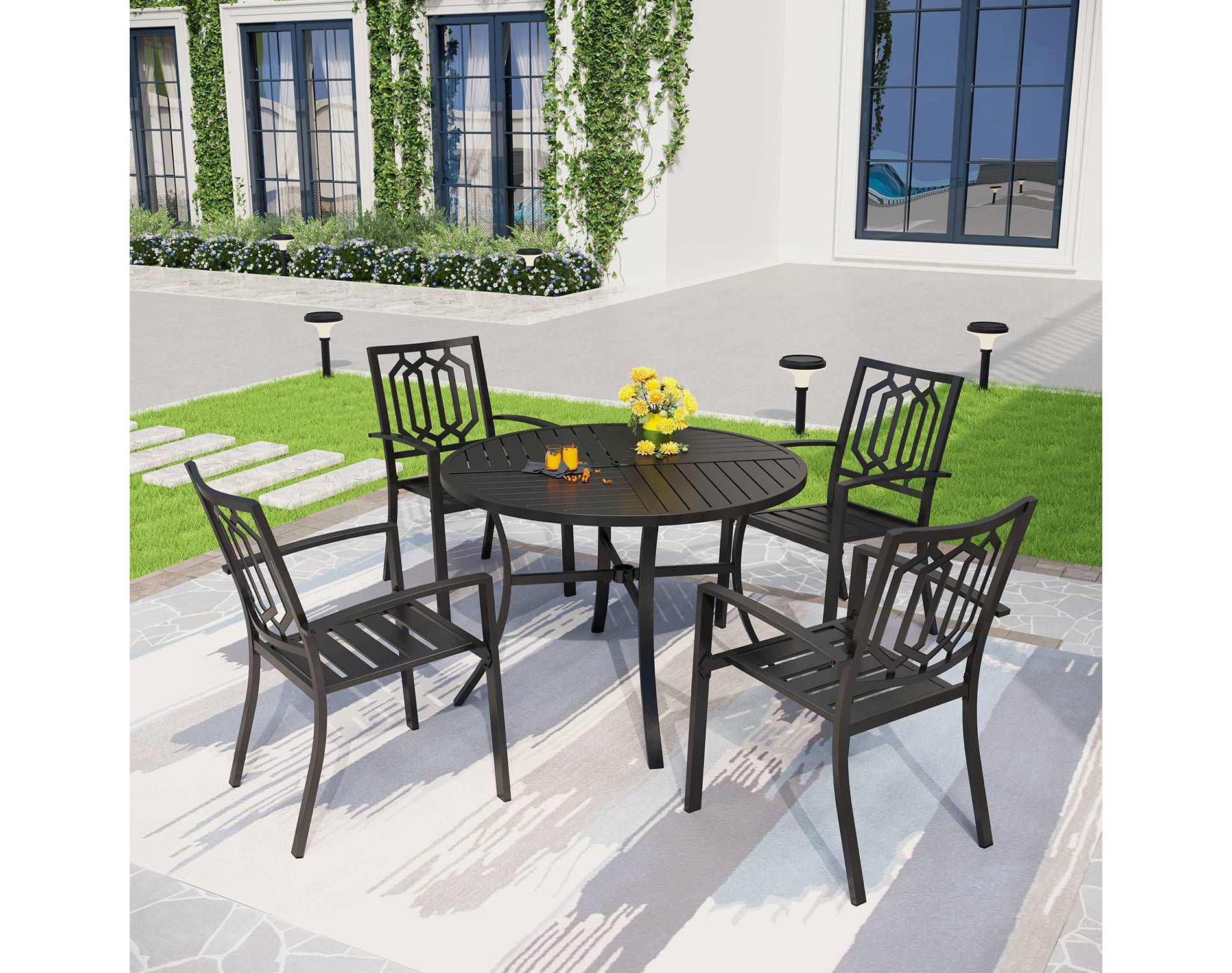 5pc Outdoor Dining Set with Stackable Chairs & Metal Round Table with Umbrella Hole - Black - Captiva Designs: Weather-Resistant Patio Set