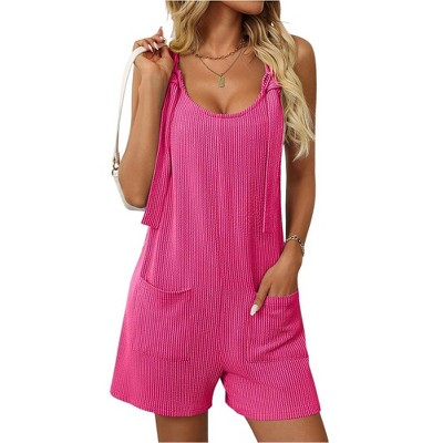 Women's Summer Casual Sleeveless Rompers Scoop Neck Striped Bib Shorts Jumpsuit Beach Overalls Vacation Outfit Clothes