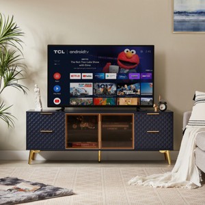 60" Modern TV Stand with Geometric Panels,Tempered Glass Doors & 4 Storage Drawers,Golden Metal Feet Media Console-Baofuwish - 1 of 4