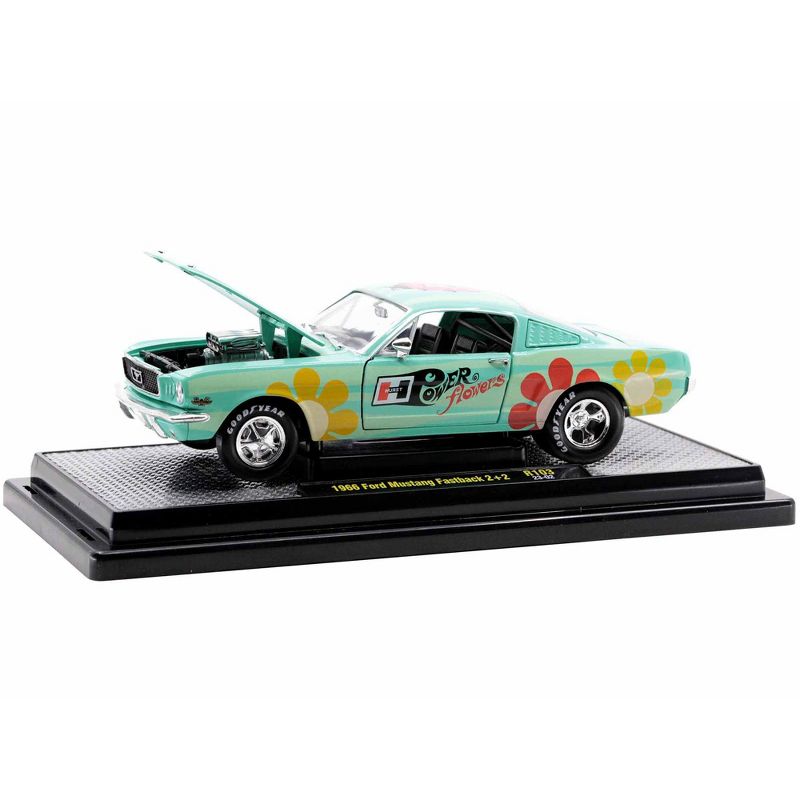 1966 Ford Mustang Fastback 2+2 Seafoam Green and Light Green Striped with Flower Graphics 1/24 Diecast Model Car by M2 Machines, 2 of 4