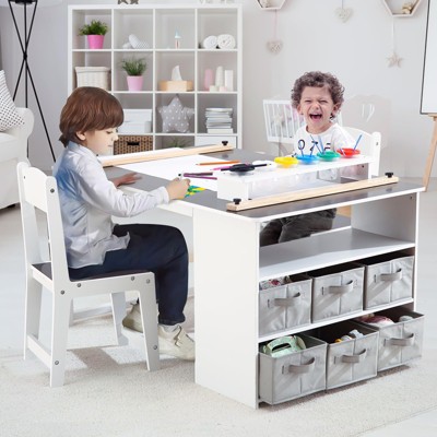 Kids Art Table and 2 Chairs,Toddler Craft and Play Wood Activity Table with Large Storage Desk and Portable Art Supply Organizer