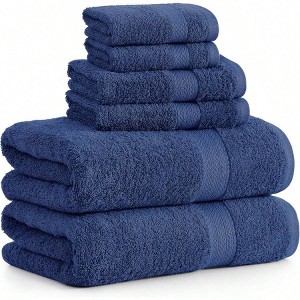 100 Cotton Bath Towel Set - 6 Pieces - Navy Blue Bath Towels 28" X 54" , Hand Towels - 16" X 28" Wash Cloths - 13" X 13". - 1 of 4