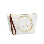 Gold Initial A Personalized Makeup Bag for Women, Monogrammed Canvas Cosmetic Pouch (White, 10 x 3 x 6 In)