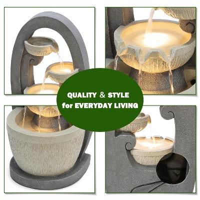 Gray Oval Cascading Bowls Resin Outdoor Fountain with LED Lights