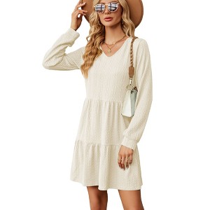 Coolmee Women Casual V Neck Stitching Long Sleeve Fit Loose Ruffled Tiered A Line Mini Dress - 1 of 4