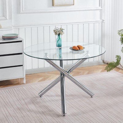 NicBex Space Saving Round Glass Dining Table with Cross Metal Legs,Modern Kitchen Table Bar Table,Dining Room Furniture