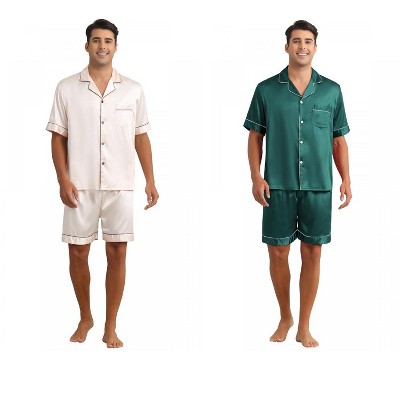 INSPIRE CHIC Men's 2 Pack Satin Pajamas Set Classic Short Sleeve Loungewear