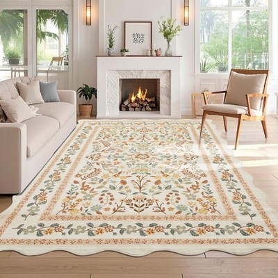 Garvee Boho Floral Area Rug Machine Washable Low Pile Soft Carpet for Living Room Scalloped Floral Runner Rug