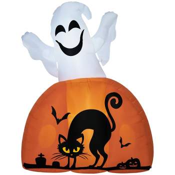 HOMCOM 5ft Halloween Inflatable Ghost with Pumpkin Base, Halloween Decorations with LED Lights for Garden, Indoor, Outdoor