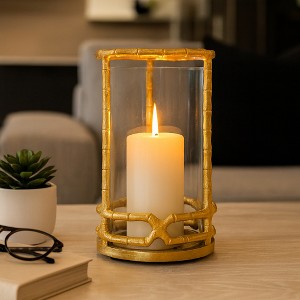 Decorative Glass Hurricane Candle Holder for House Decor - Modern Pillar Candlestick Holder for Table Centerpiece or Living Room Decor - 9", Gold - 1 of 4
