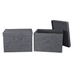 Household Essentials Set of 2 Wide Storage Boxes with Lids Graphite Linen - 1 of 4