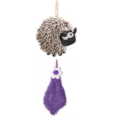 REGALWOVEN Flower and Sheep Shape Absorbent Fast Drying Chenille Hand Towels with Hanging Loop 6" x 15"/7" x 7" 2 Packs