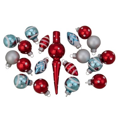 Northlight 19ct Red and Blue Frosted Glass Christmas Ornaments and Tree Topper Set 5.25"