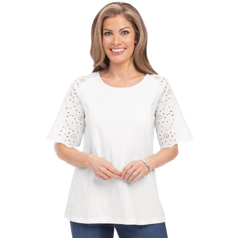 Collections Etc Flattering Scalloped Eyelet Sleeve Top with Scoop Neckline, 3 of 5