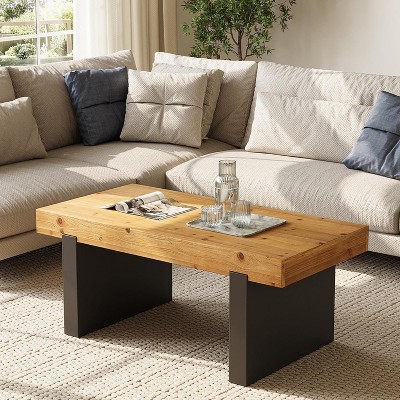 Tribesigns 47.2"Solid Wood Coffee Table, Black and Wood Two-Tone Modern Rectangle Coffee Table, Living Room Table for Bedroom, Rustic Natural