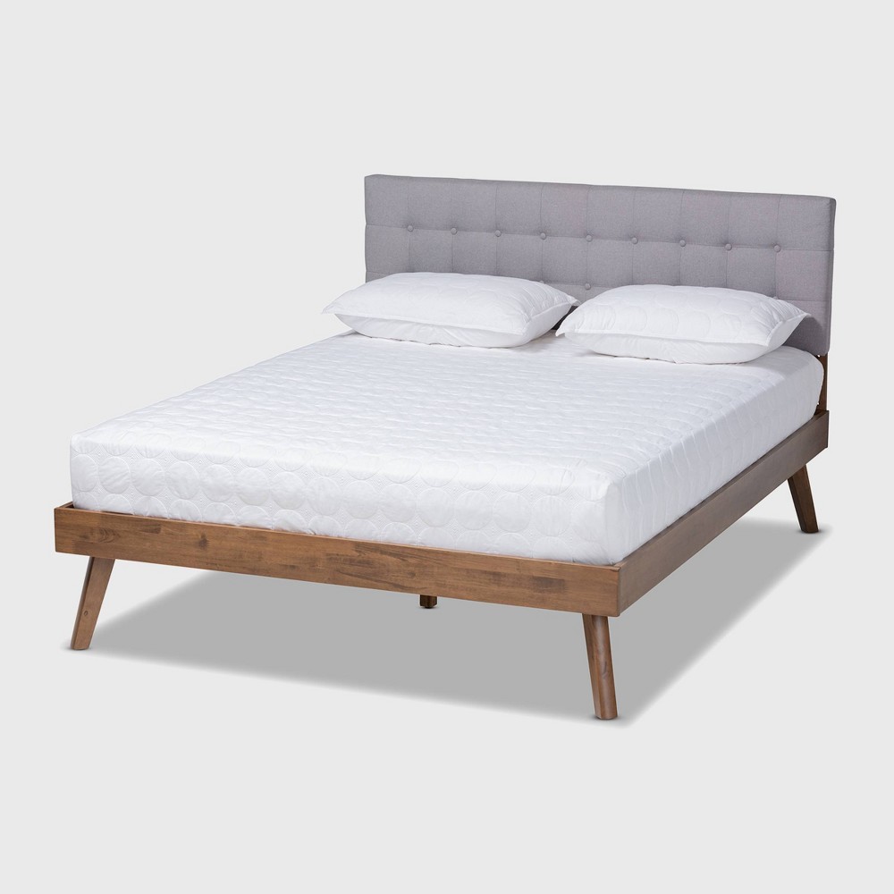 Photos - Bed Frame Queen Devan Fabric Upholstered Walnut Finished Platform Bed Light Gray - B