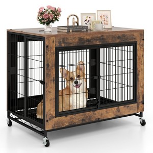 Costway 38” Heavy-Duty Rolling Dog Kennel on Wheels w/ Chew-Resistant Indoor Pet Furniture Wood Dog House Rustic Brown - 1 of 4