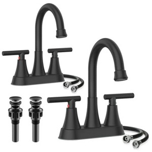 LunaLulinlk Black 4" stainless steel bathroom sink faucet with pop-up drain and 2 water supply hoses - 1 of 4