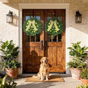 24 Inch Artificial Lemon Wreath with Yellow Lemon & Bow, Greenery Leaves, Wreaths for Home Holiday Front Door Wall Window Hanging Decorations - 1 of 4