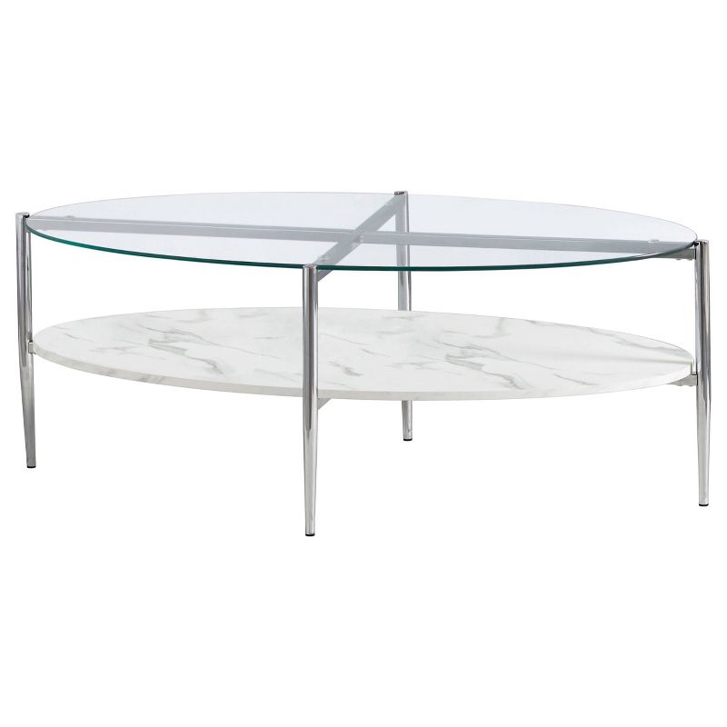 Cadee Oval Coffee Table with Glass Top and Faux Marble Shelf Chrome - Coaster, 1 of 6