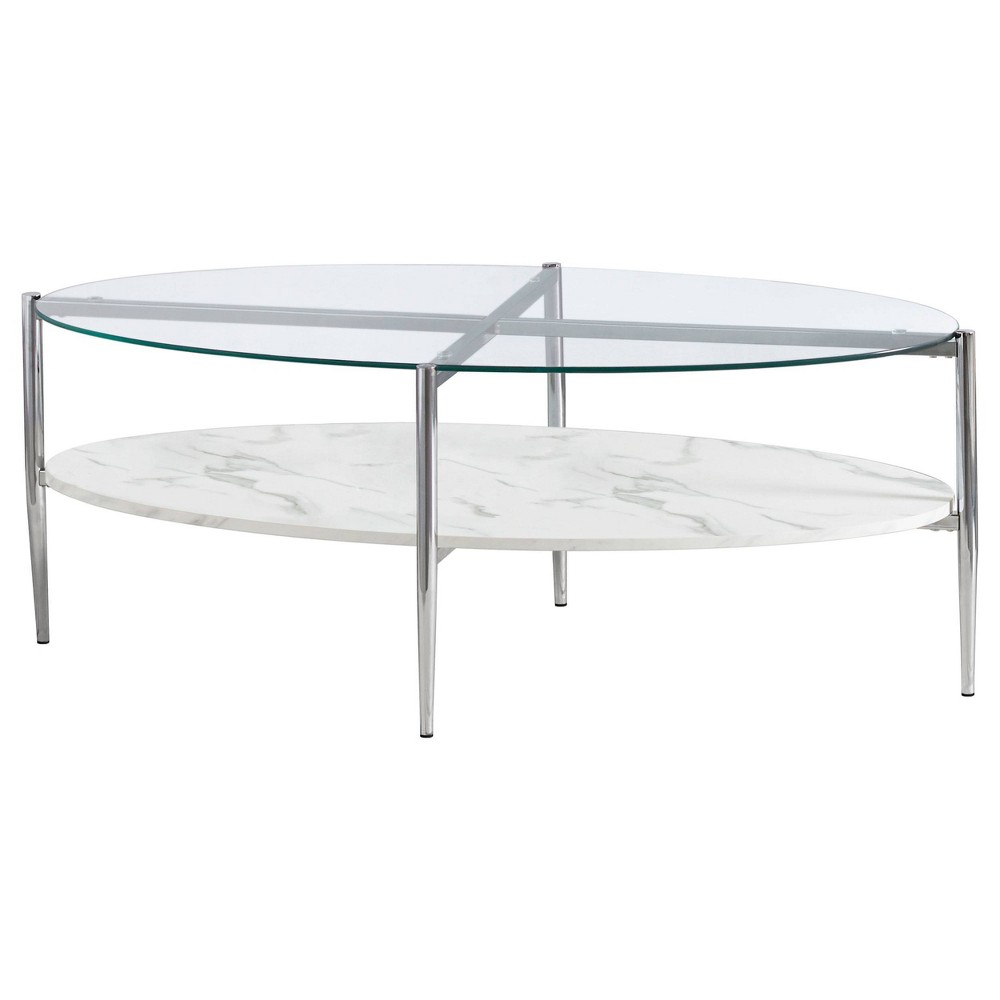 Photos - Dining Table Cadee Oval Coffee Table with Glass Top and Faux Marble Shelf Chrome - Coas