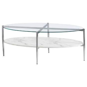 Cadee Oval Coffee Table with Glass Top and Faux Marble Shelf Chrome - Coaster