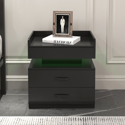KTMBDW Adjustable Brightness LED Nightstand with Charging Station & USB Ports,High Gloss Bedside Tables with 2 Drawers