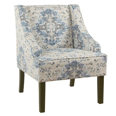 Wooden Accent Chair with Swooping Armrests Cream/Blue - Benzara