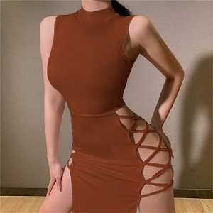 Clotth Women's Mock Neck Rave Dress - Sexy Sleeveless, High Slit, Bodycon, HalloweenLong Maxi Dress - 1 of 4