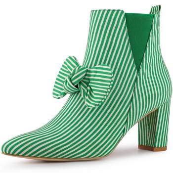 Allegra K Women's Pointed Toe Pull Loop Bow Striped Chunky Heels Ankle Boots