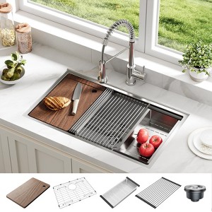 Undermount Kitchen Sink,Stainless Steel Kitchen- Single Bowl Sinks, Modern Top Mount 16 Gauge Workstation Sink-with Cutting Board for Bar - 1 of 4