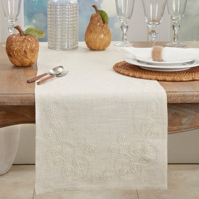 Natural Linen Blend Table Runner with Embroidered Swirl Design, 16" x 120"