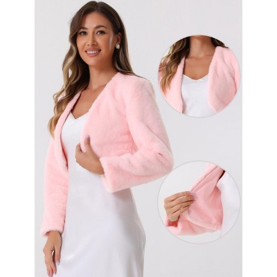 Allegra K Women's Cropped Open Front Collarless Faux Fur Jacket Medium Light Pink — фото 2