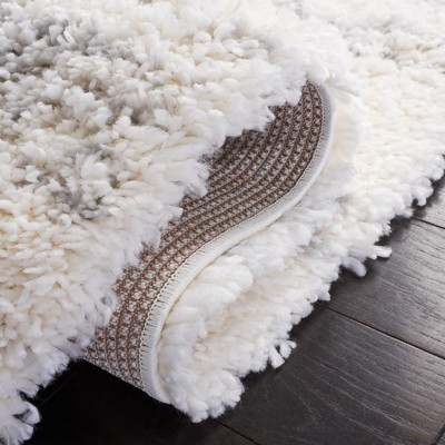 Ivory and Grey Square Shag Rug, 6'7" x 6'7", Synthetic