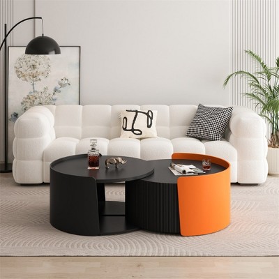 Round Nesting Coffee Table For Living Room, Modern Side Tables With Extendable Sliding Tabletop, Sofa End Table With Hidden Storage For Home Decor