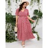 Womens Plus Size V Neck Wrap Maxi Dress High Waist Ruffle Summer Casual Dress with Belt, Red White Flower, 4XL - 2 of 4
