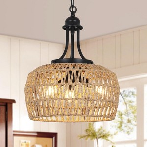 Gulches 86 in Brown Black Farmhouse Boho Coastal 3-Light Dimmable Pendant Chandelier for Living Room with Hand Woven Rattan Wicker Shade - 1 of 4
