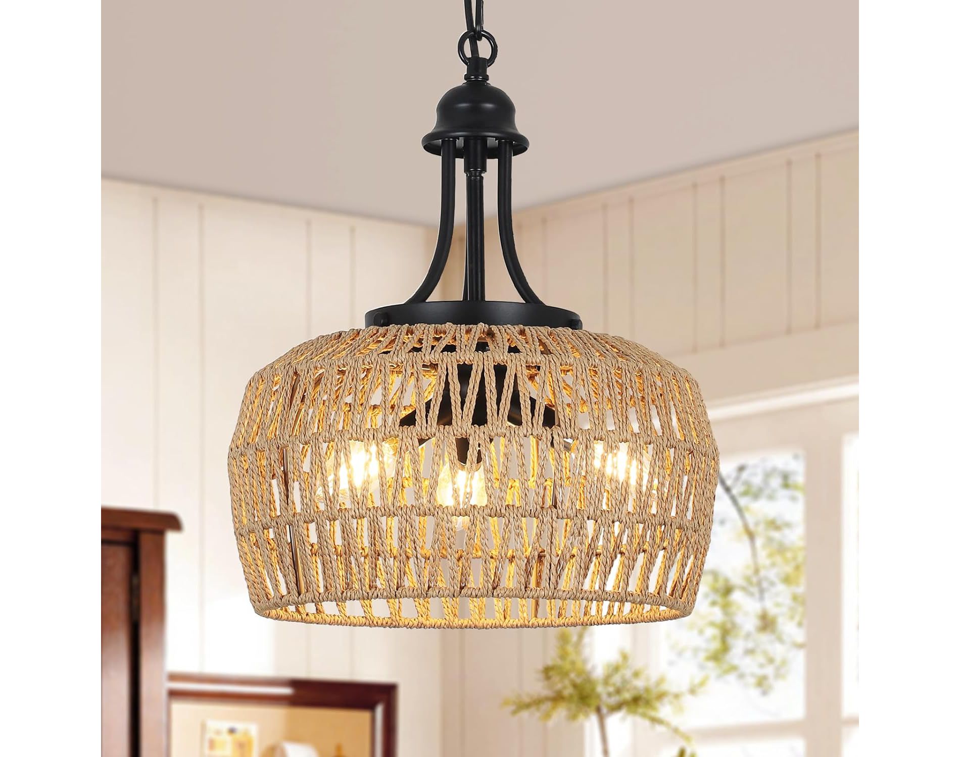 Gulches 86 in Brown Black Farmhouse Boho Coastal 3-Light Dimmable Pendant Chandelier for Living Room with Hand Woven Rattan Wicker Shade