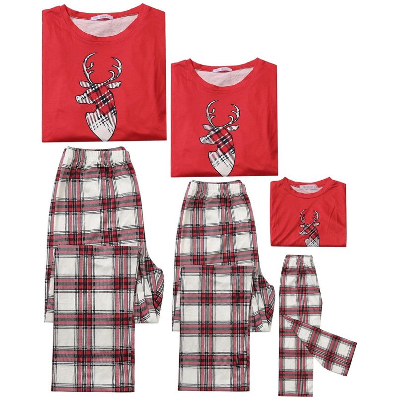 cheibear Christmas Elk Print Tops with Plaid Pants Xmas Sleepwear Family Pajama Set, 3 of 5
