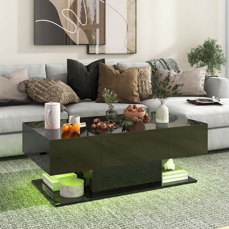 Costway LED Coffee Table with 2 Drawers 20-Color Dimmable LED Lights & Remote Control White/Black, 2 of 11